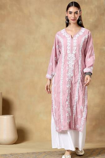 Chinkari muave  color embroided roman silk kurta for women   - v- neck-full sleeves