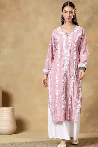 Chinkari muave  color embroided roman silk kurta for women   - v- neck-full sleeves