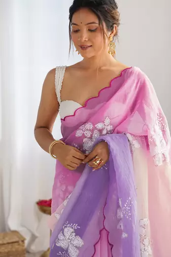 crush embroidered saree with sequins work unstitched blouse