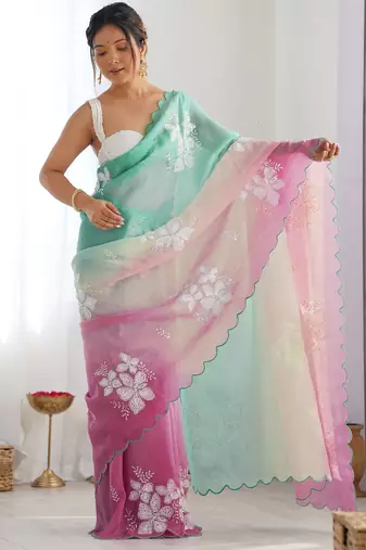 crush embroidered saree with sequins work unstitched blouse