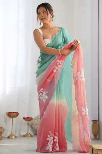 crush embroidered saree with sequins work unstitched blouse