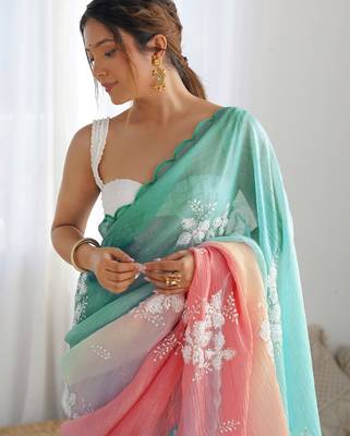 crush embroidered saree with sequins work unstitched blouse 4