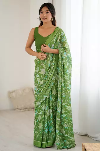 bright moss satin patta printed saree