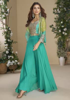 sea green jacket style palazzo readymade suit set for festive  1