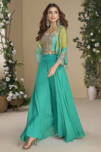 sea green colour jacket style palazzo readymade suit set for festive 