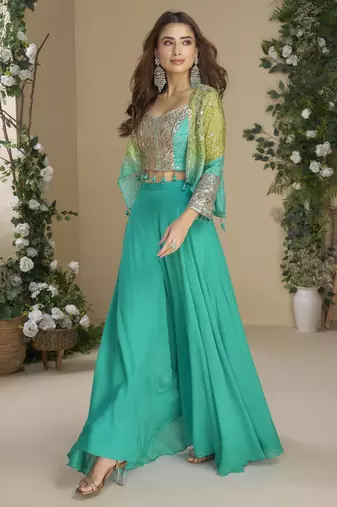 sea green colour jacket style palazzo readymade suit set for festive 