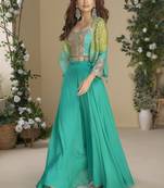 sea green colour jacket style palazzo readymade suit set for festive 