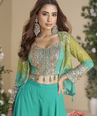 sea green jacket style palazzo readymade suit set for festive  2