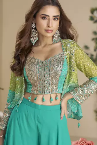 sea green jacket style palazzo readymade suit set for festive 