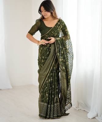 georgette printed foil work with small zalar lace saree & unstitched blouse piece 1