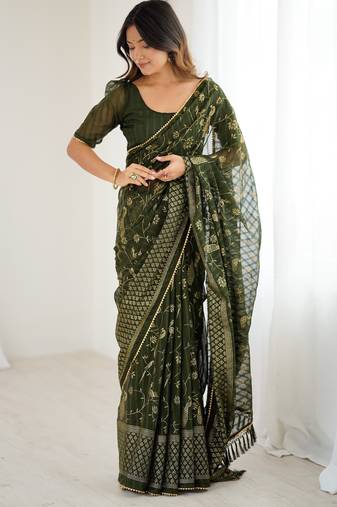 georgette printed foil work with small zalar lace saree & unstitched blouse piece