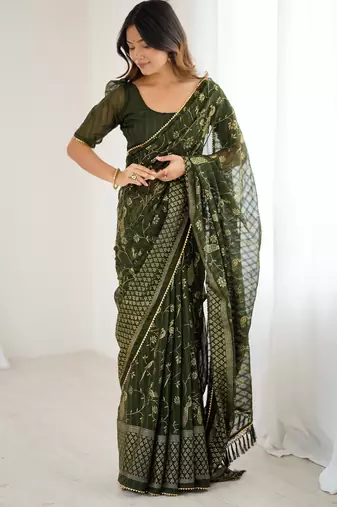 georgette printed foil work with small zalar lace saree & unstitched blouse piece