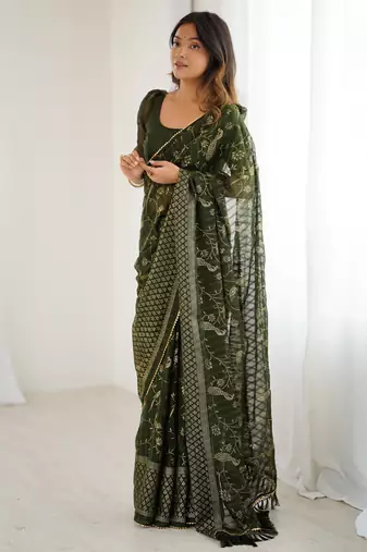 georgette printed foil work with small zalar lace saree & unstitched blouse piece