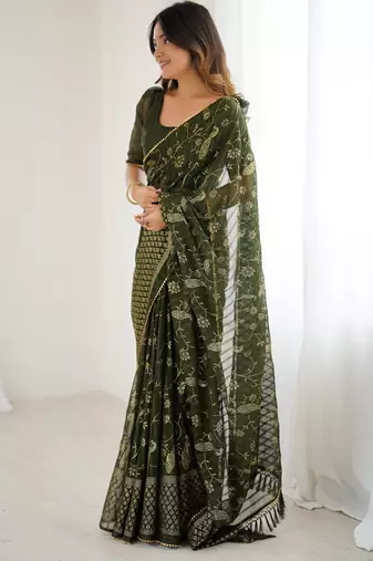 georgette printed foil work with small zalar lace saree & unstitched blouse piece