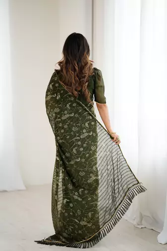 georgette printed foil work with small zalar lace saree & unstitched blouse piece
