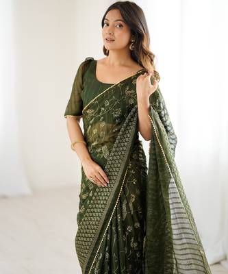 georgette printed foil work with small zalar lace saree & unstitched blouse piece 6
