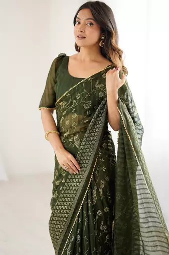 georgette printed foil work with small zalar lace saree & unstitched blouse piece