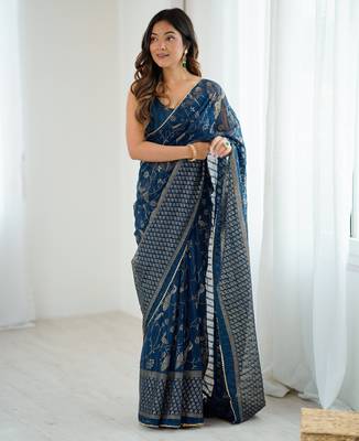 georgette printed foil work with small zalar lace saree & unstitched blouse piece 1