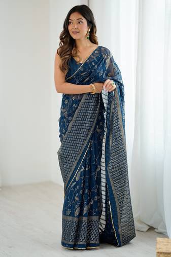 georgette printed foil work with small zalar lace saree & unstitched blouse piece