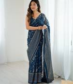 georgette printed foil work with small zalar lace saree & unstitched blouse piece