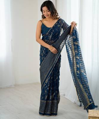 georgette printed foil work with small zalar lace saree & unstitched blouse piece 3