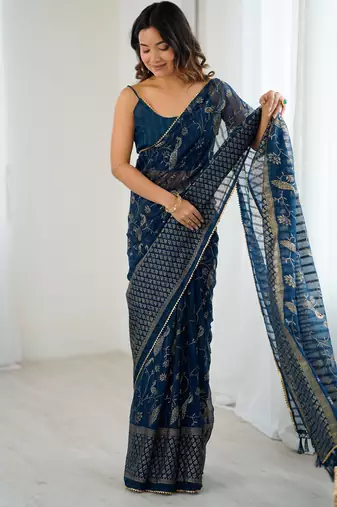 georgette printed foil work with small zalar lace saree & unstitched blouse piece