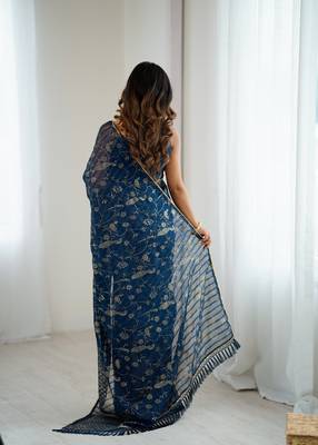 georgette printed foil work with small zalar lace saree & unstitched blouse piece 4