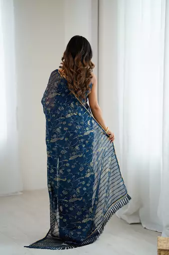 georgette printed foil work with small zalar lace saree & unstitched blouse piece