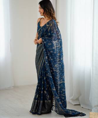 georgette printed foil work with small zalar lace saree & unstitched blouse piece 5