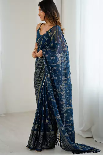 georgette printed foil work with small zalar lace saree & unstitched blouse piece