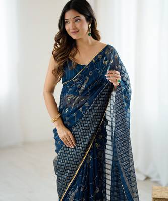 georgette printed foil work with small zalar lace saree & unstitched blouse piece 6