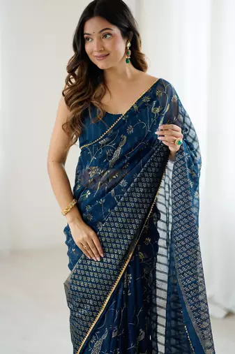 georgette printed foil work with small zalar lace saree & unstitched blouse piece