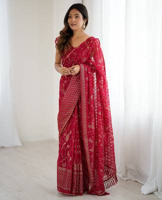 georgette printed foil work with small zalar lace saree & unstitched blouse piece 1