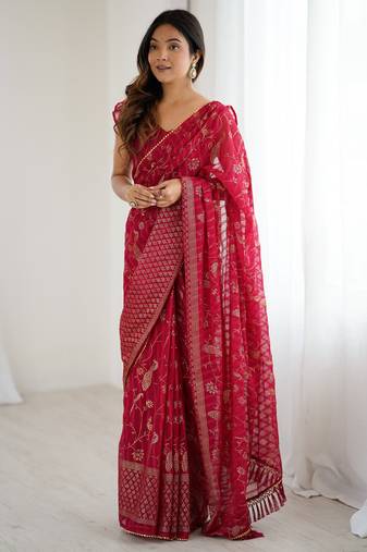 georgette printed foil work with small zalar lace saree & unstitched blouse piece