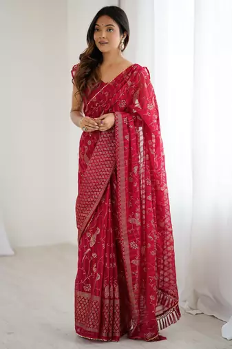 georgette printed foil work with small zalar lace saree & unstitched blouse piece