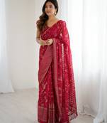 georgette printed foil work with small zalar lace saree & unstitched blouse piece