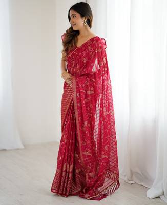 georgette printed foil work with small zalar lace saree & unstitched blouse piece 3