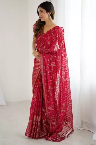 georgette printed foil work with small zalar lace saree & unstitched blouse piece