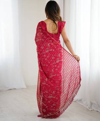georgette printed foil work with small zalar lace saree & unstitched blouse piece 4