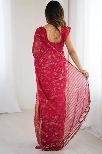 georgette printed foil work with small zalar lace saree & unstitched blouse piece