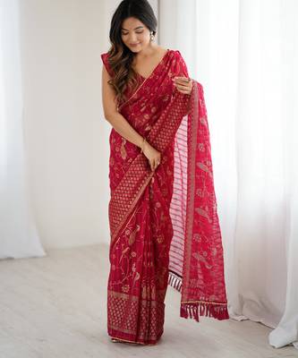 georgette printed foil work with small zalar lace saree & unstitched blouse piece 5