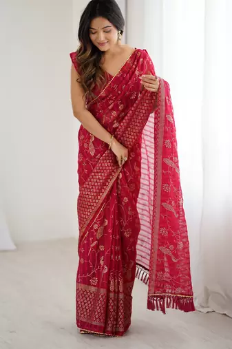 georgette printed foil work with small zalar lace saree & unstitched blouse piece