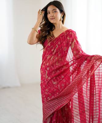 georgette printed foil work with small zalar lace saree & unstitched blouse piece 6
