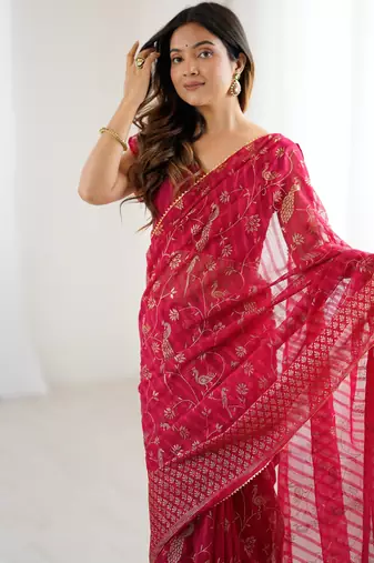 georgette printed foil work with small zalar lace saree & unstitched blouse piece