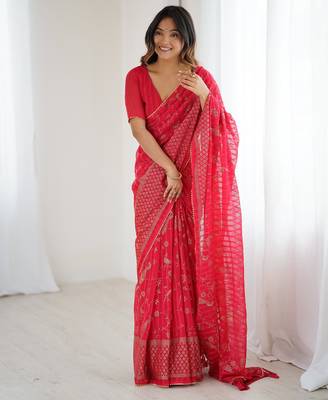 georgette printed foil work with small zalar lace saree & unstitched blouse piece 1