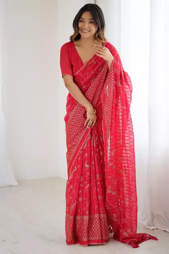 georgette printed foil work with small zalar lace saree & unstitched blouse piece