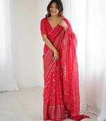 georgette printed foil work with small zalar lace saree & unstitched blouse piece