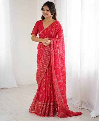 georgette printed foil work with small zalar lace saree & unstitched blouse piece 3