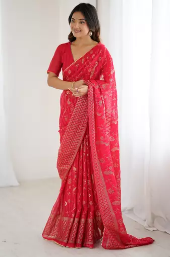 georgette printed foil work with small zalar lace saree & unstitched blouse piece