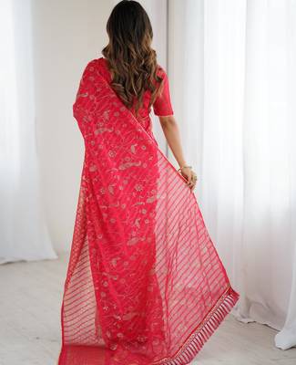 georgette printed foil work with small zalar lace saree & unstitched blouse piece 4